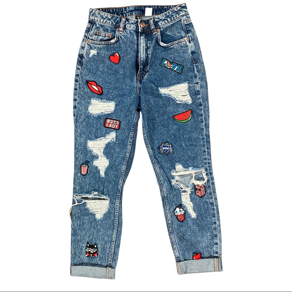 Rare H&M denim jeans size 6 distressed with patches high rise